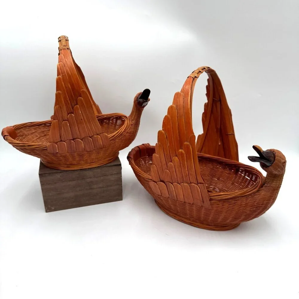 Goose or Swan Duck Nesting Baskets 1970s Mid Century Woven Wicker Rattan & Bambo